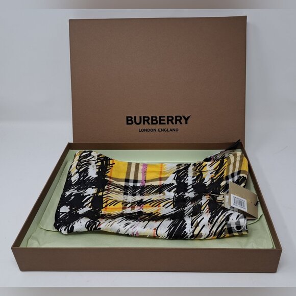 NWT Burberry Women's Scarf Scribble Printed Vintage Check 100% Silk - Picture 1 of 14